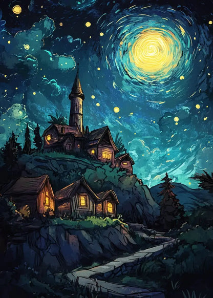 Fantasy village at night with glowing lights under a starry sky