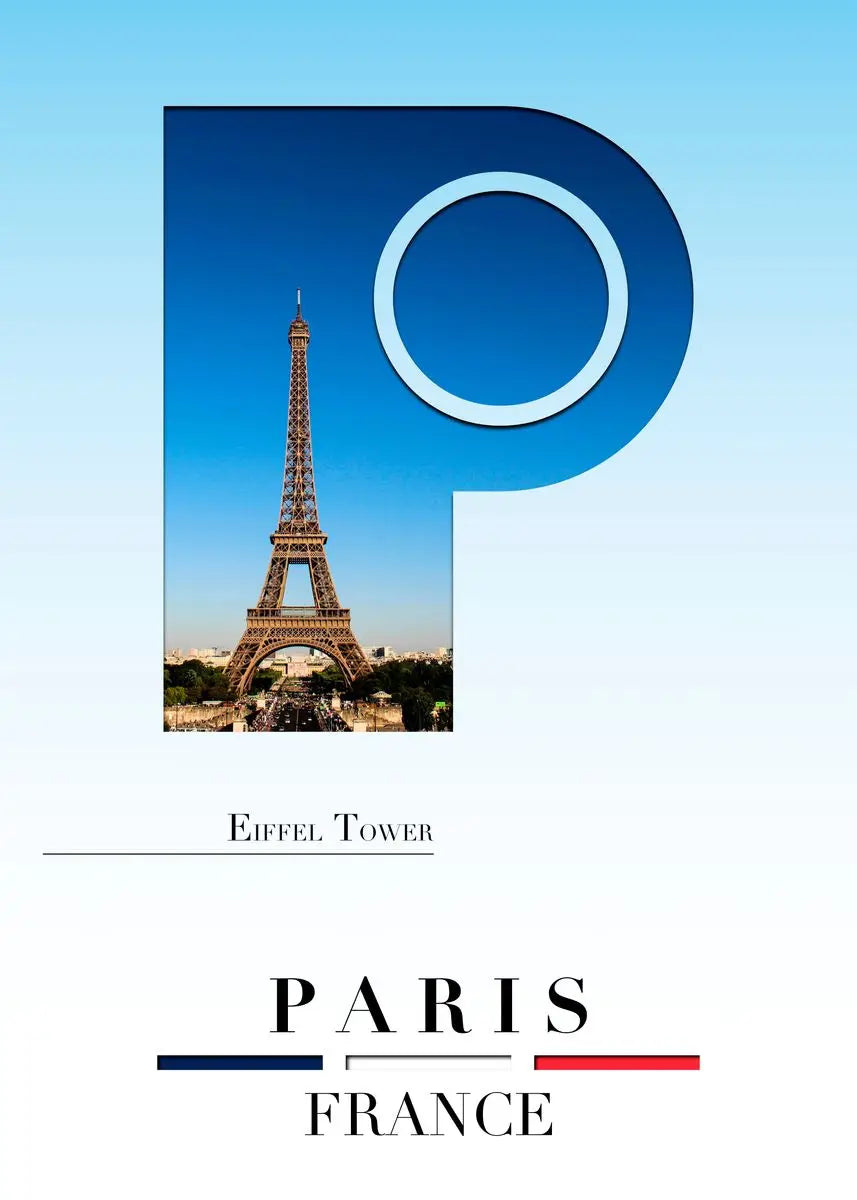 Eiffel Tower with a large blue letter 'P' and text 'PARIS FRANCE' on a light blue background