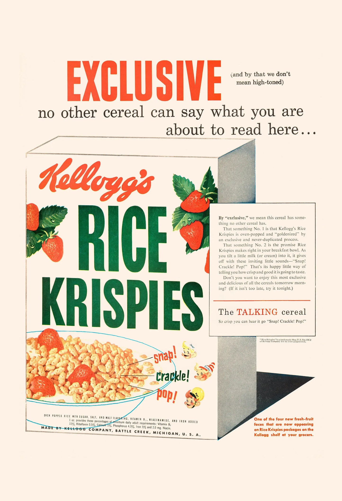 Vintage advertisement for Kellogg's Rice Krispies cereal box with text