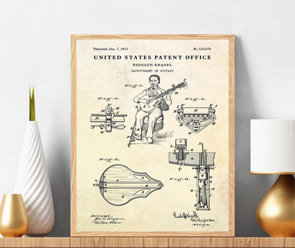 Guitar patent poster on a shelf with decorative items