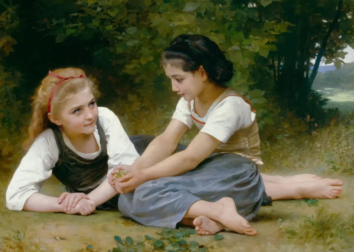 Two young girls sitting on the grass in a natural setting