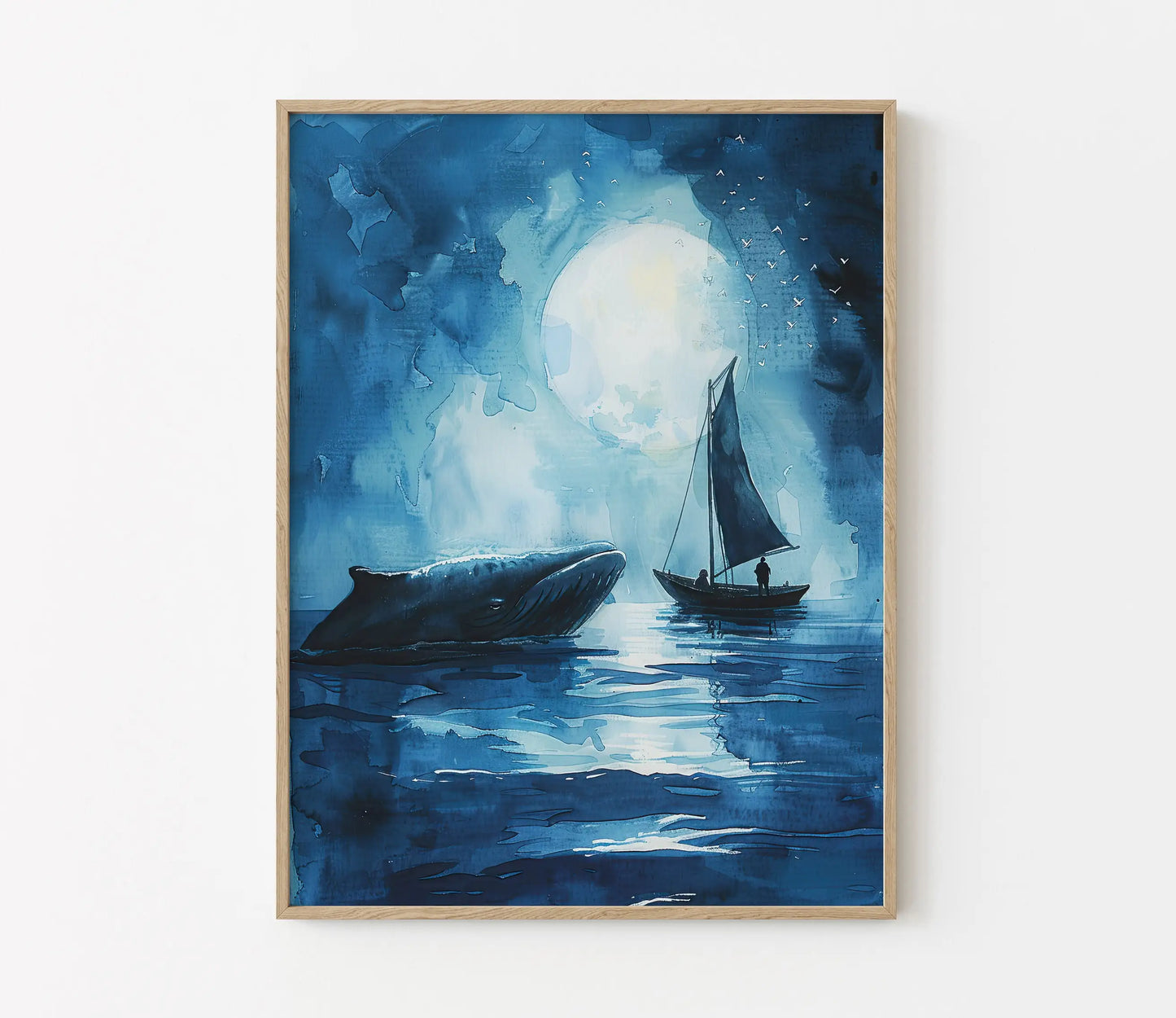 Framed artwork of a whale and sailboat under a moonlit sky.