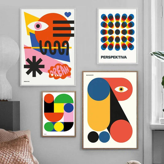Four colorful abstract posters on a gray wall Canvas & Curio