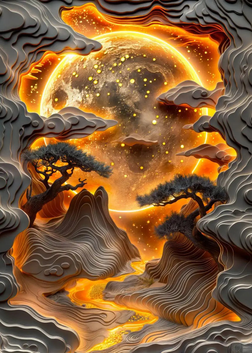 Artistic depiction of a moonlit landscape with trees and mountains.
