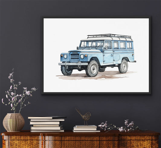 Framed artwork of a blue vintage SUV on a white background, displayed on a dark wall above a wooden cabinet. Canvas & Curio