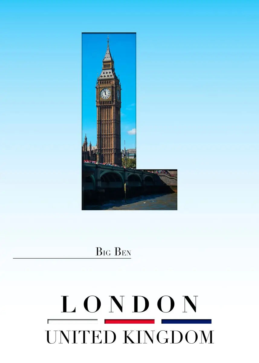 Image of Big Ben with 'London United Kingdom' text on a blue background