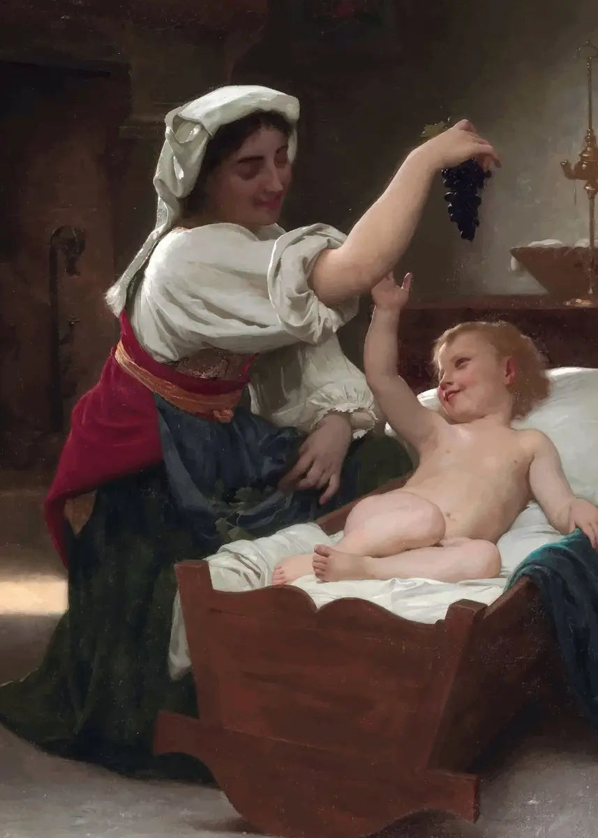 Painting of a woman with a child in a rustic setting