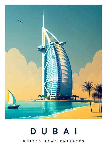 Illustration of the Burj Al Arab hotel in Dubai with a beach and palm trees.