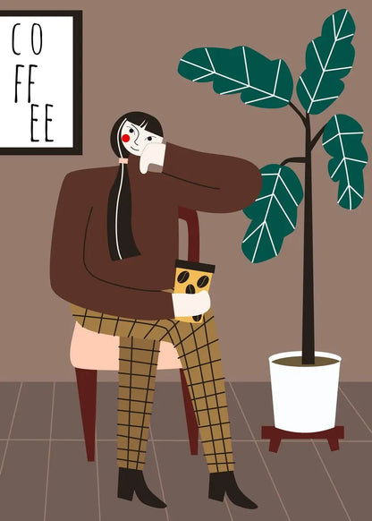 Illustration of a person sitting with a coffee cup next to a potted plant, with 'COFFEE' sign in the background.