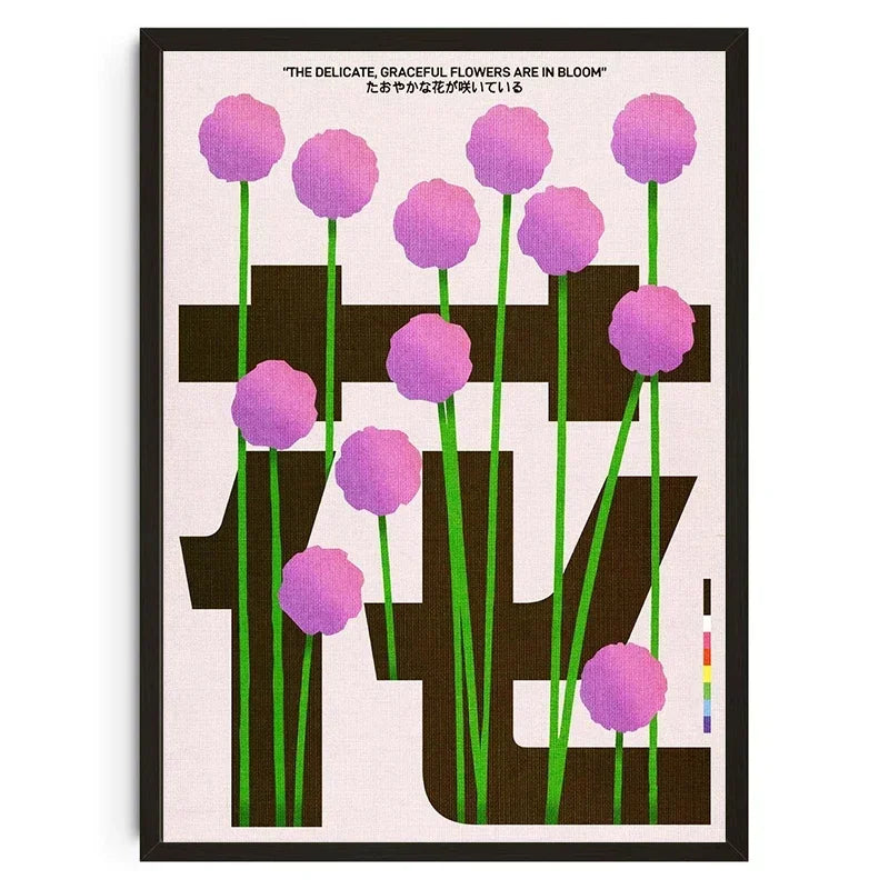Framed artwork with pink flowers and black text on a white background