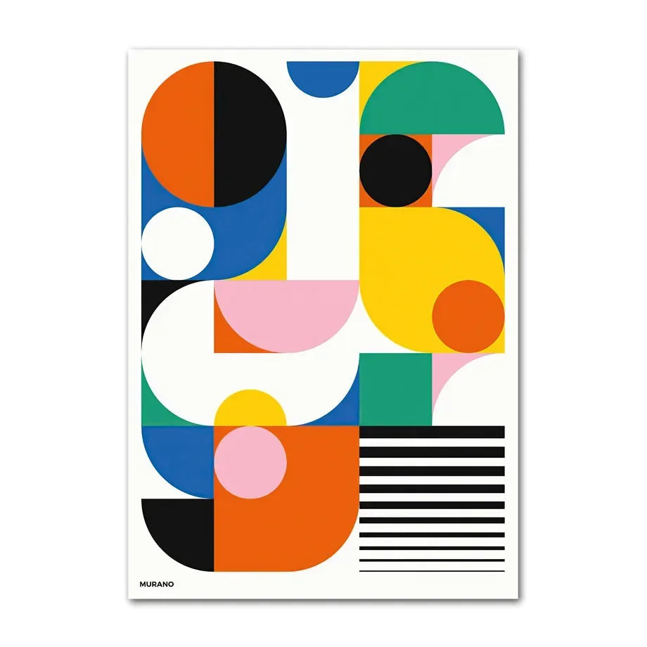 Colorful geometric design poster with abstract shapes on a white background