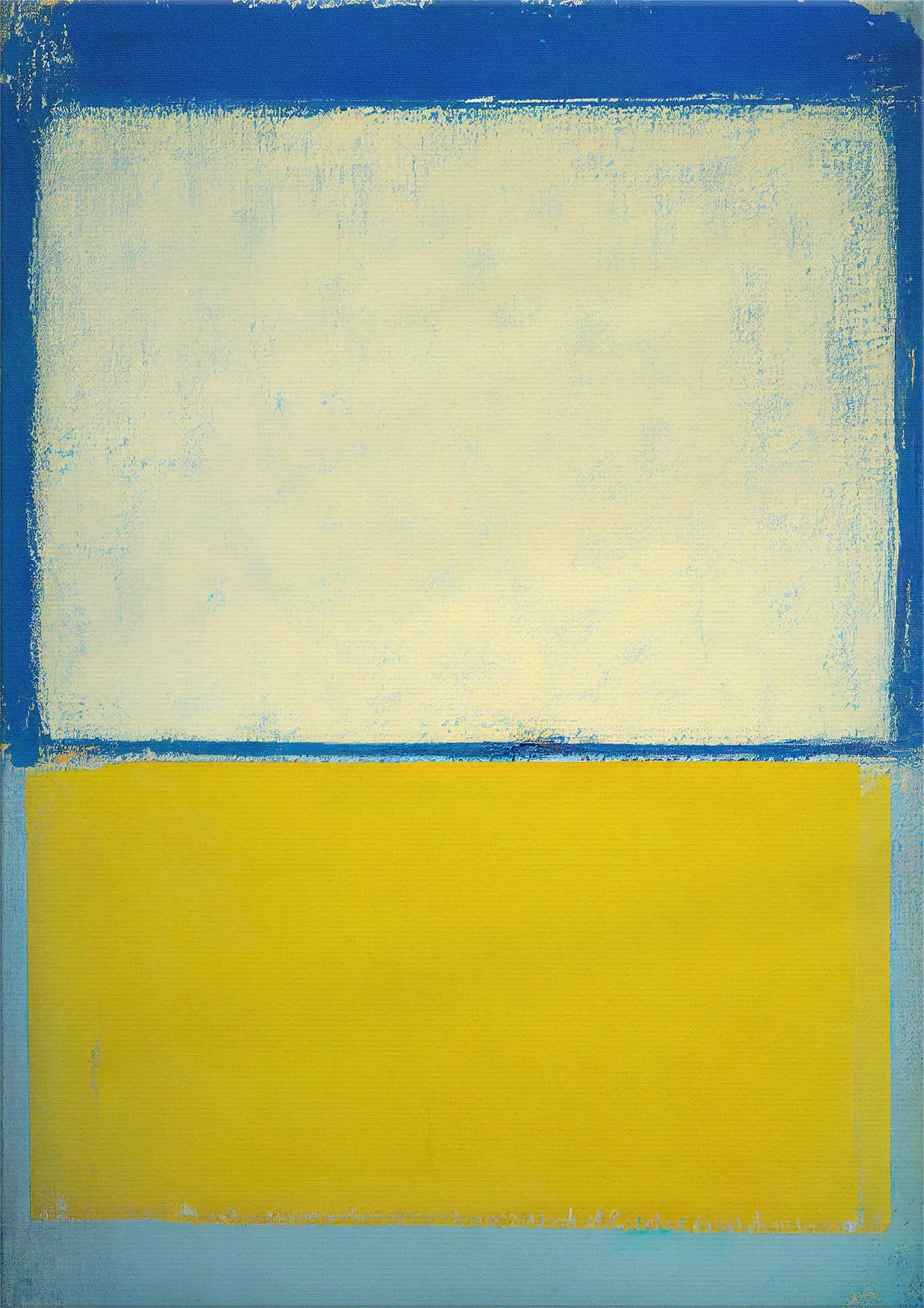 Abstract art with a blue border, white center, and yellow bottom section.
