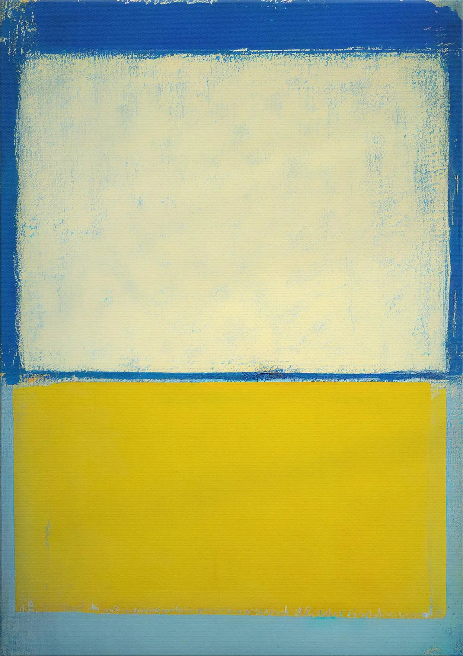 Abstract art with a blue border, white center, and yellow bottom section.