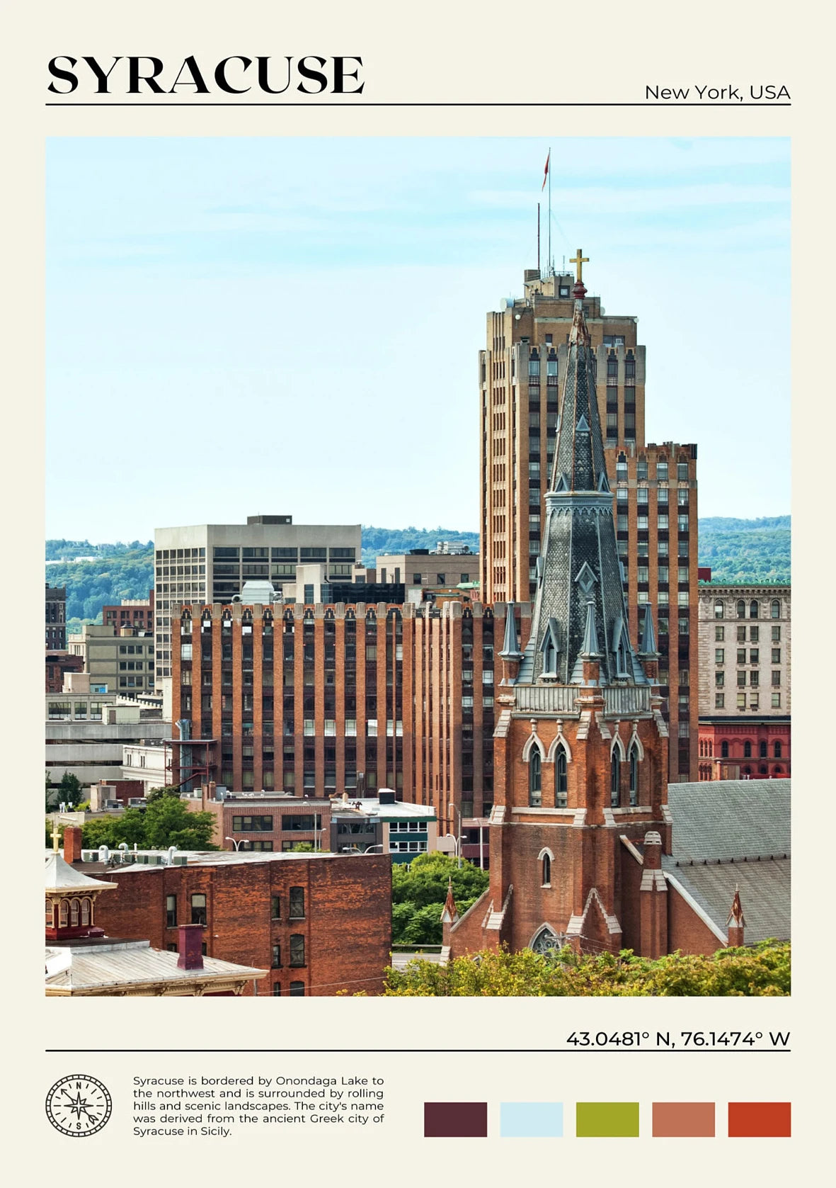 Syracuse, New York skyline with a prominent church tower.