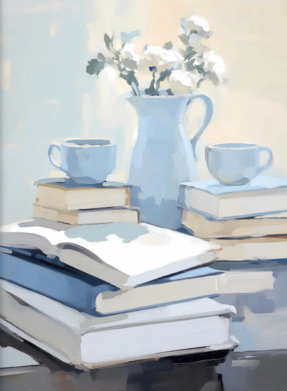 Stack of books with a vase and cups on a reflective surface