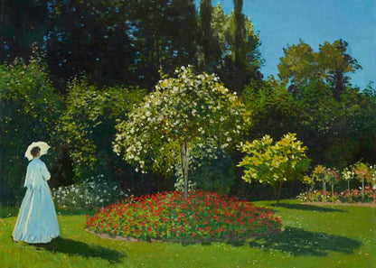 Woman in a garden with flowers and trees