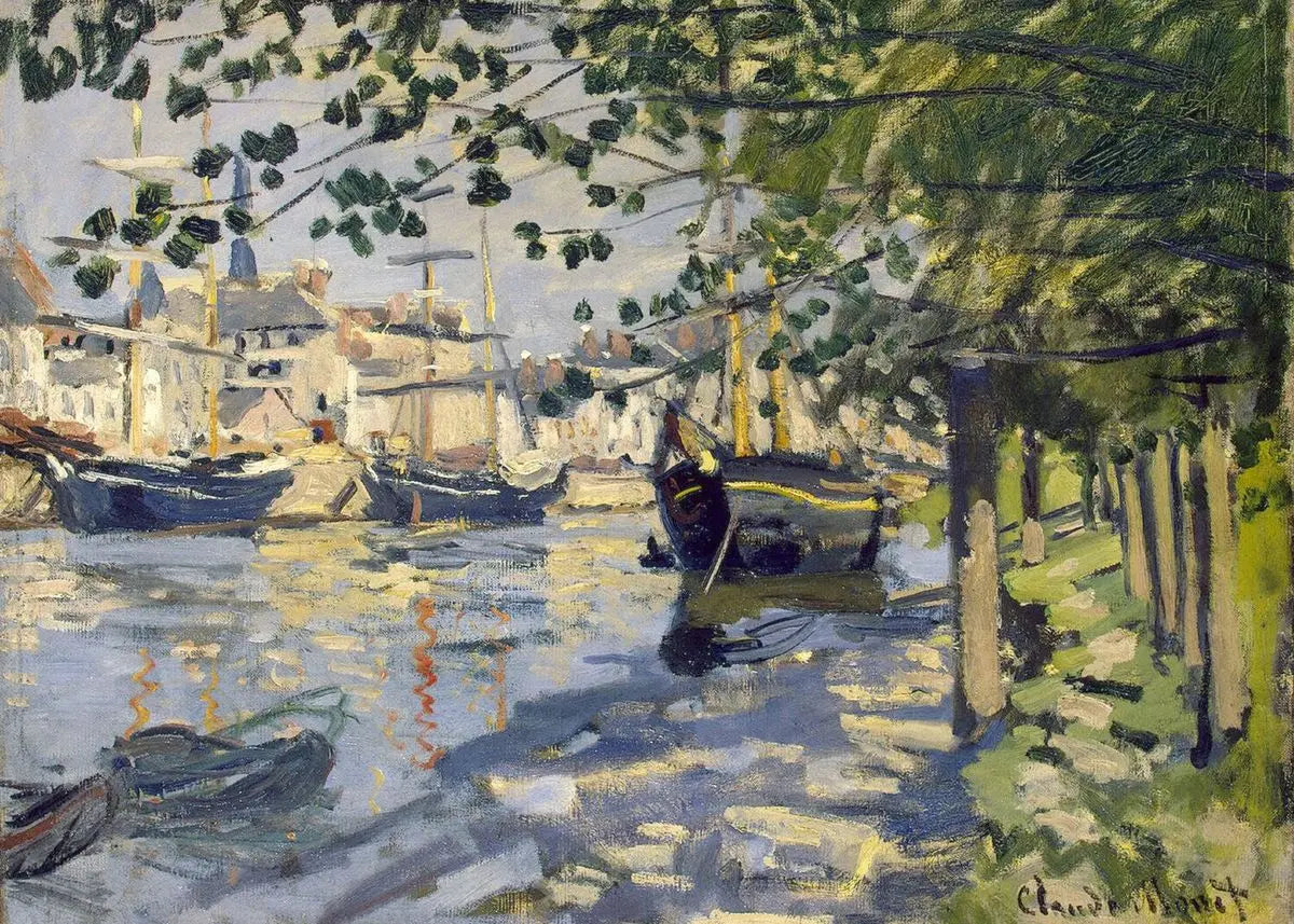 Painting of a harbor scene with boats and buildings, featuring the artist's signature.