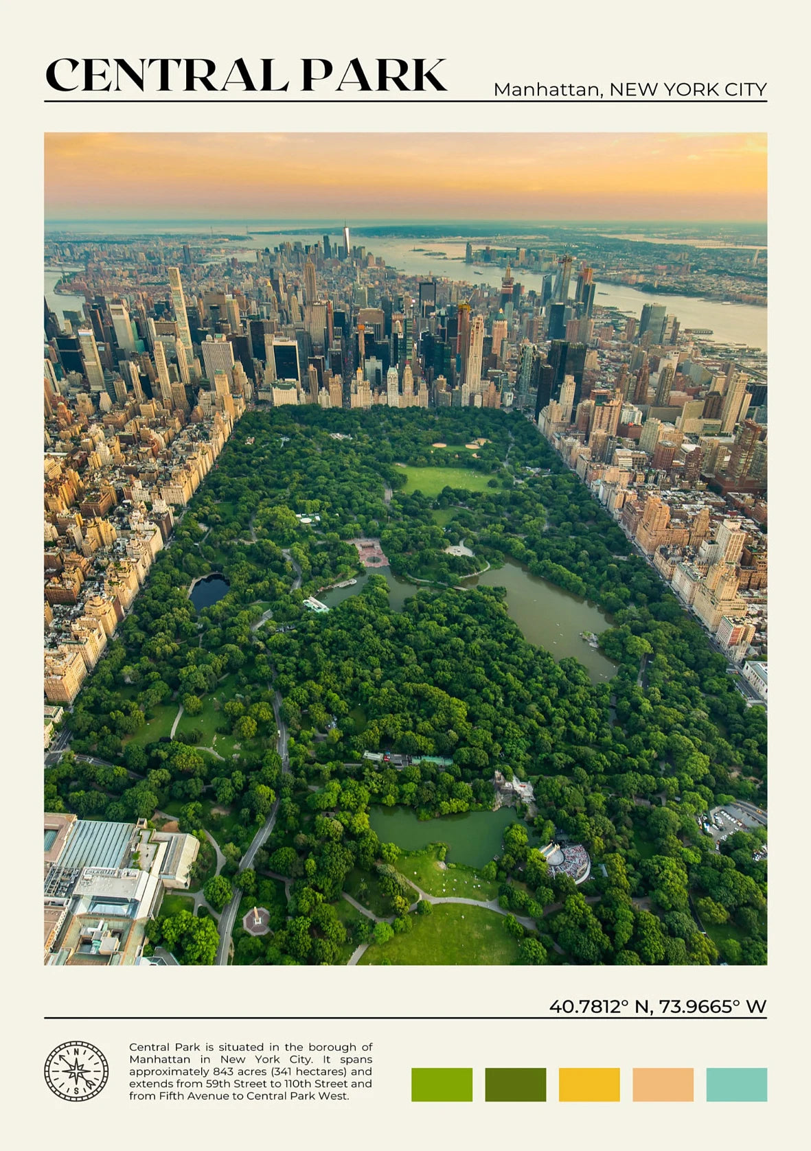 Aerial view of Central Park with Manhattan skyline, labeled 'Central Park, Manhattan, New York City'.