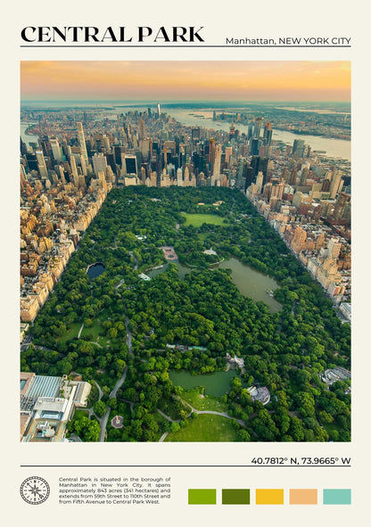 Aerial view of Central Park with Manhattan skyline, labeled 'Central Park, Manhattan, New York City'.