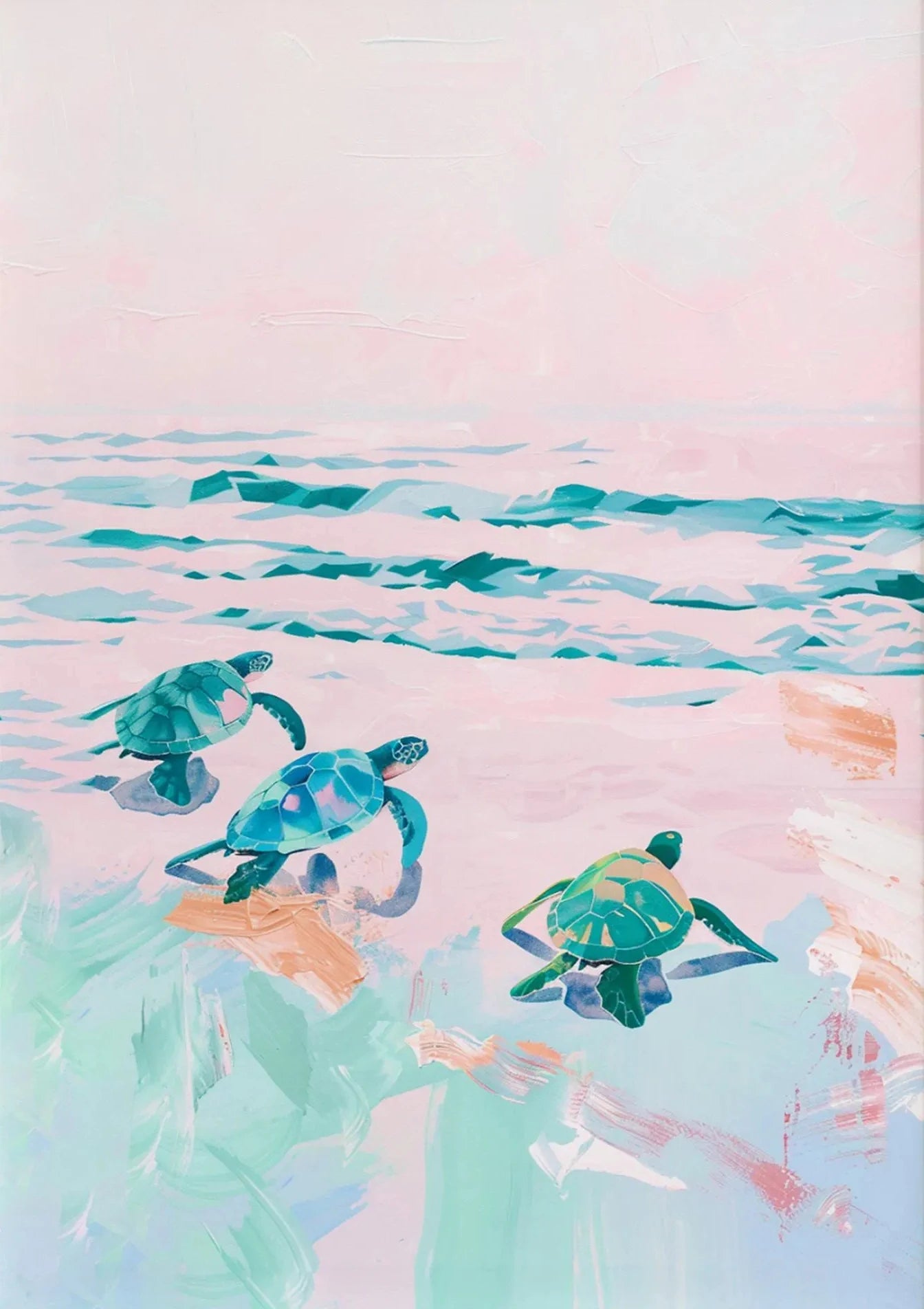 Three turtles swimming in water with a pastel color palette