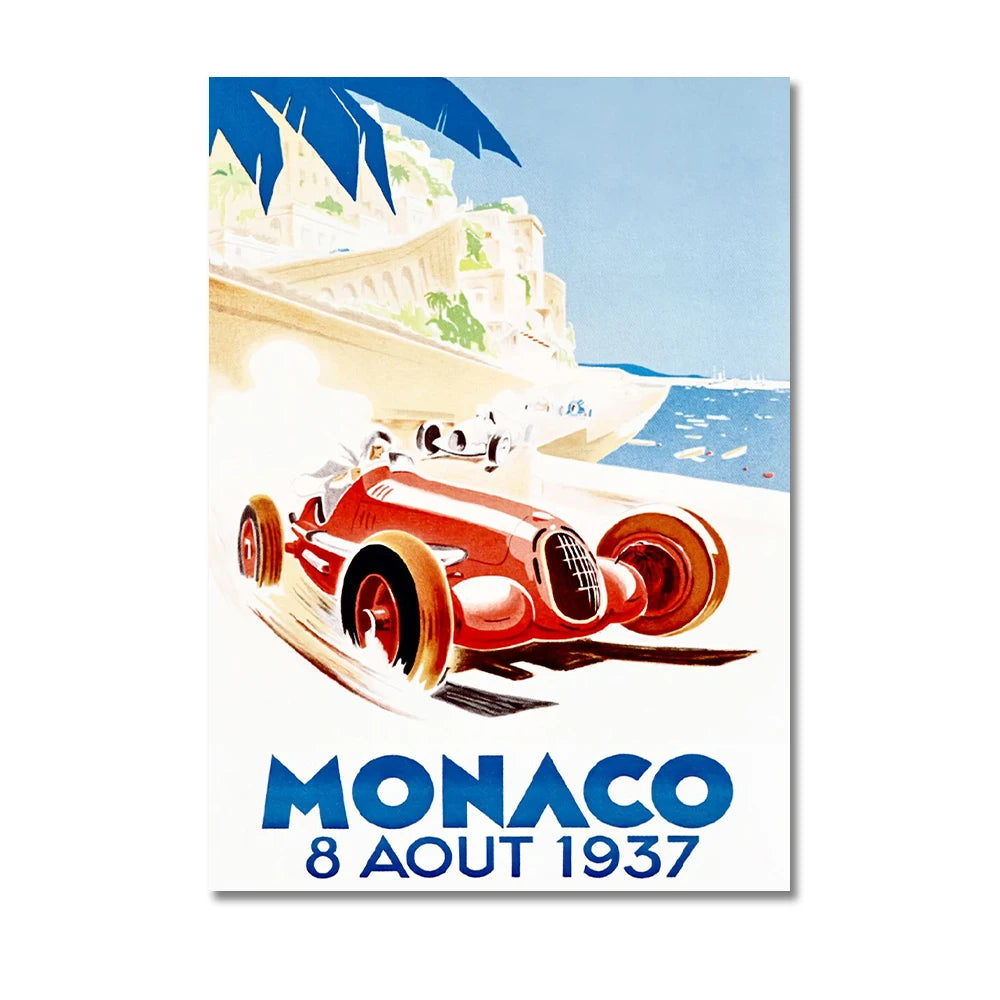 Vintage-style poster of a red race car with Monaco text and date