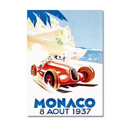 Vintage-style poster of a red race car with Monaco text and date