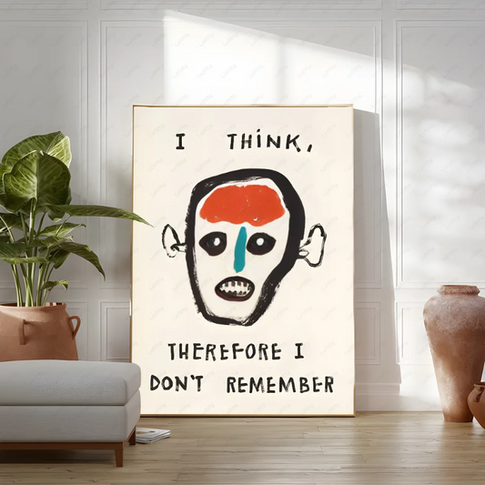 Poster with a stylized face and text in a room with a plant and vase. Canvas & Curio