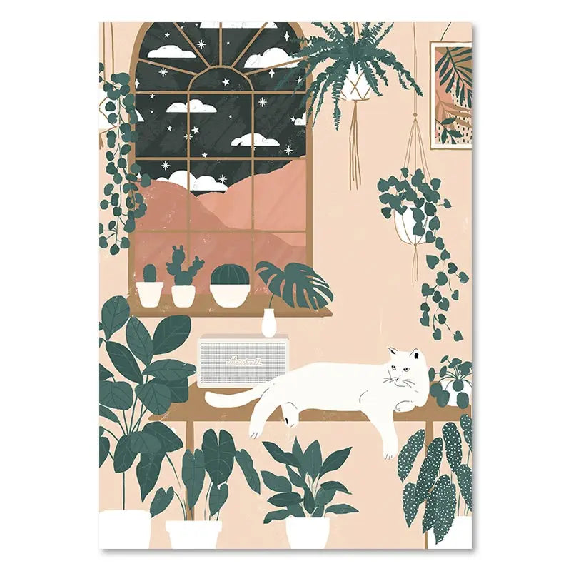 Illustration of a room with plants and a cat, featuring a window view of a mountain landscape.