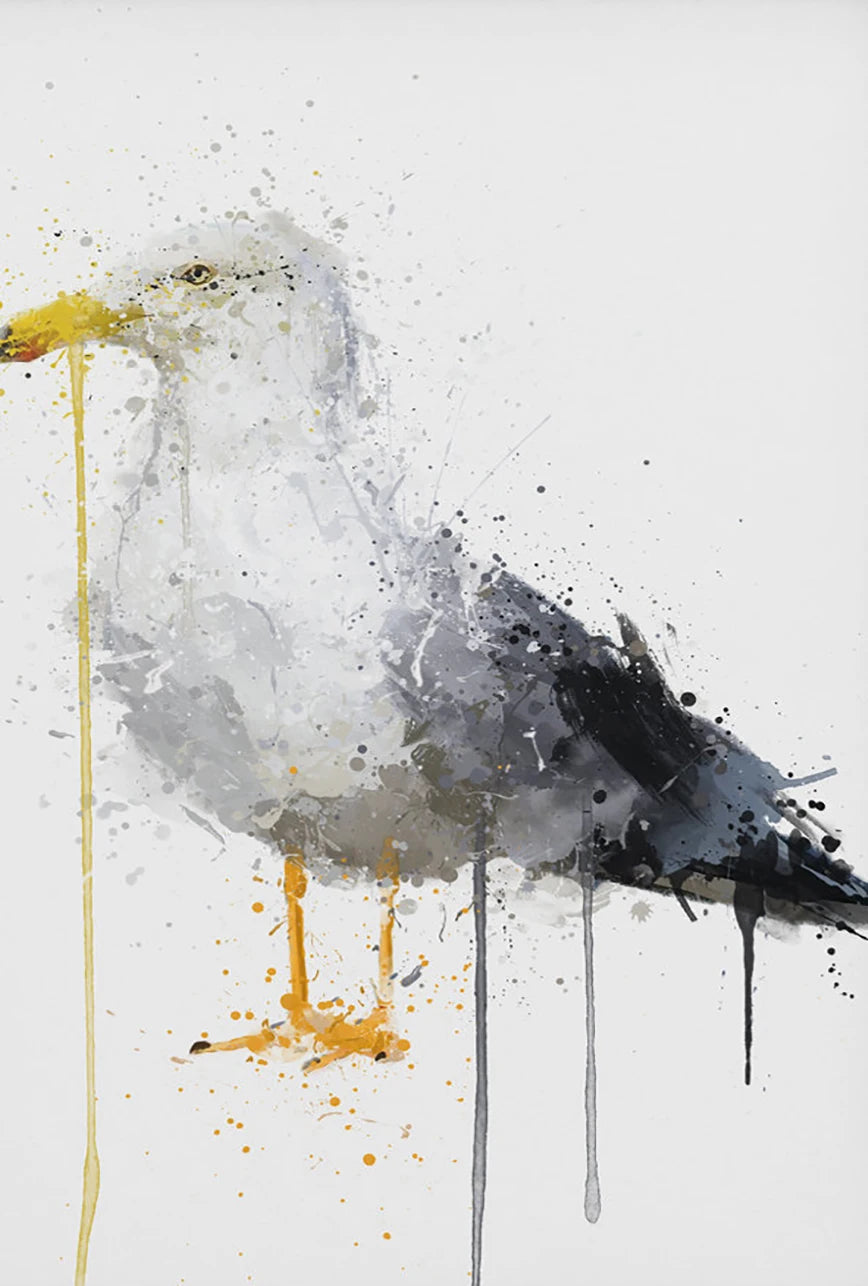 Abstract painting of a seagull on a white background