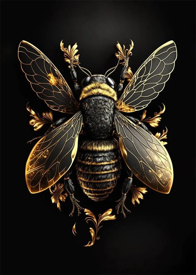Decorative bee illustration with gold accents on a black background