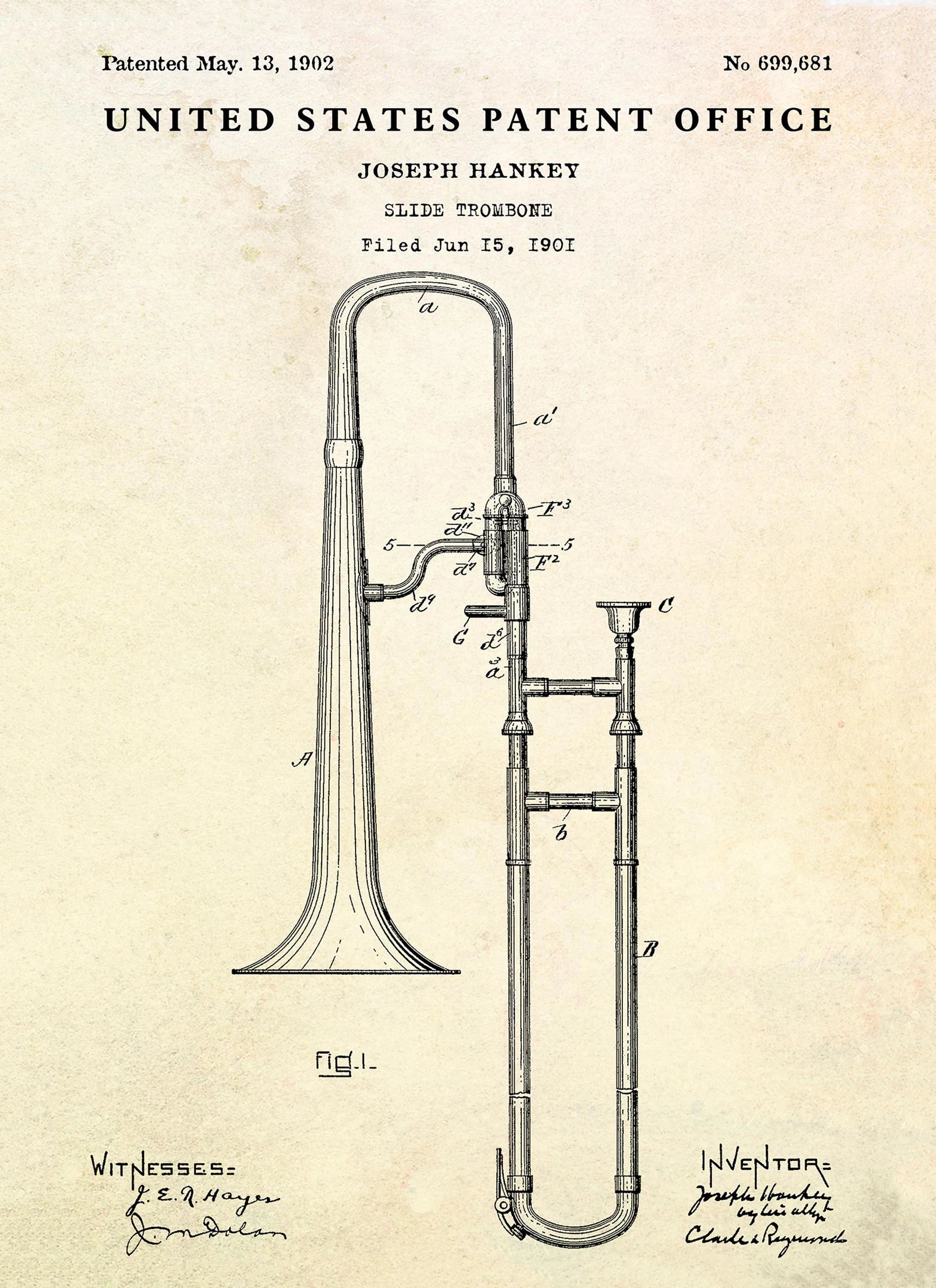 Patent illustration of a slide trombone from the United States Patent Office