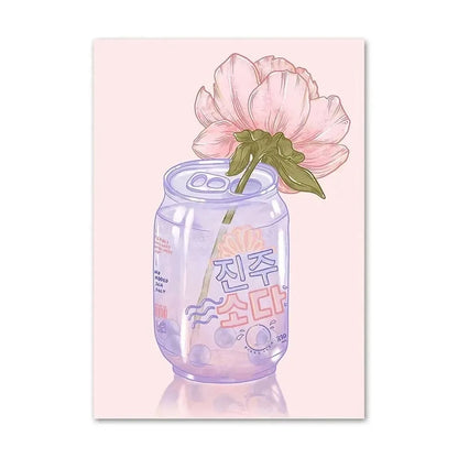 Clear drink container with a pink flower on a light pink background
