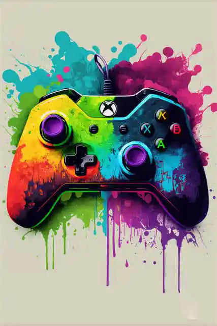 Colorful splatter-painted gaming controller on a beige background