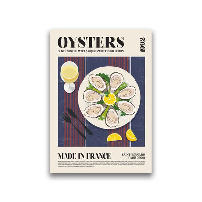 Poster with oysters and lemon design on a beige background