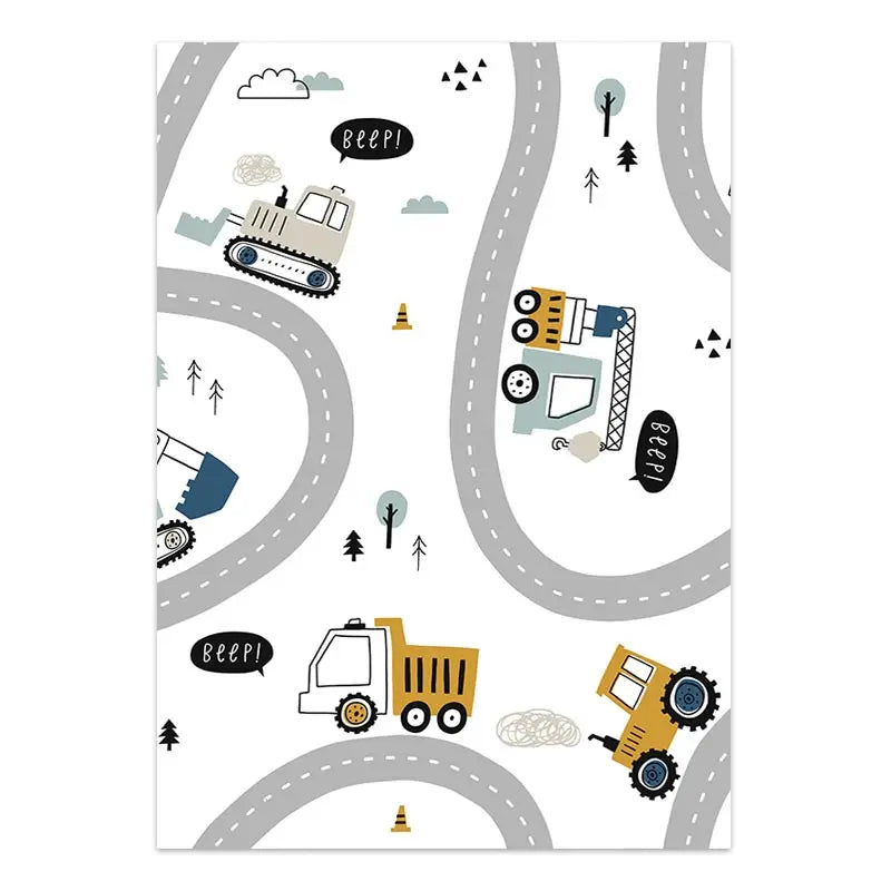 Children's play mat with toy vehicles and roads on a white background