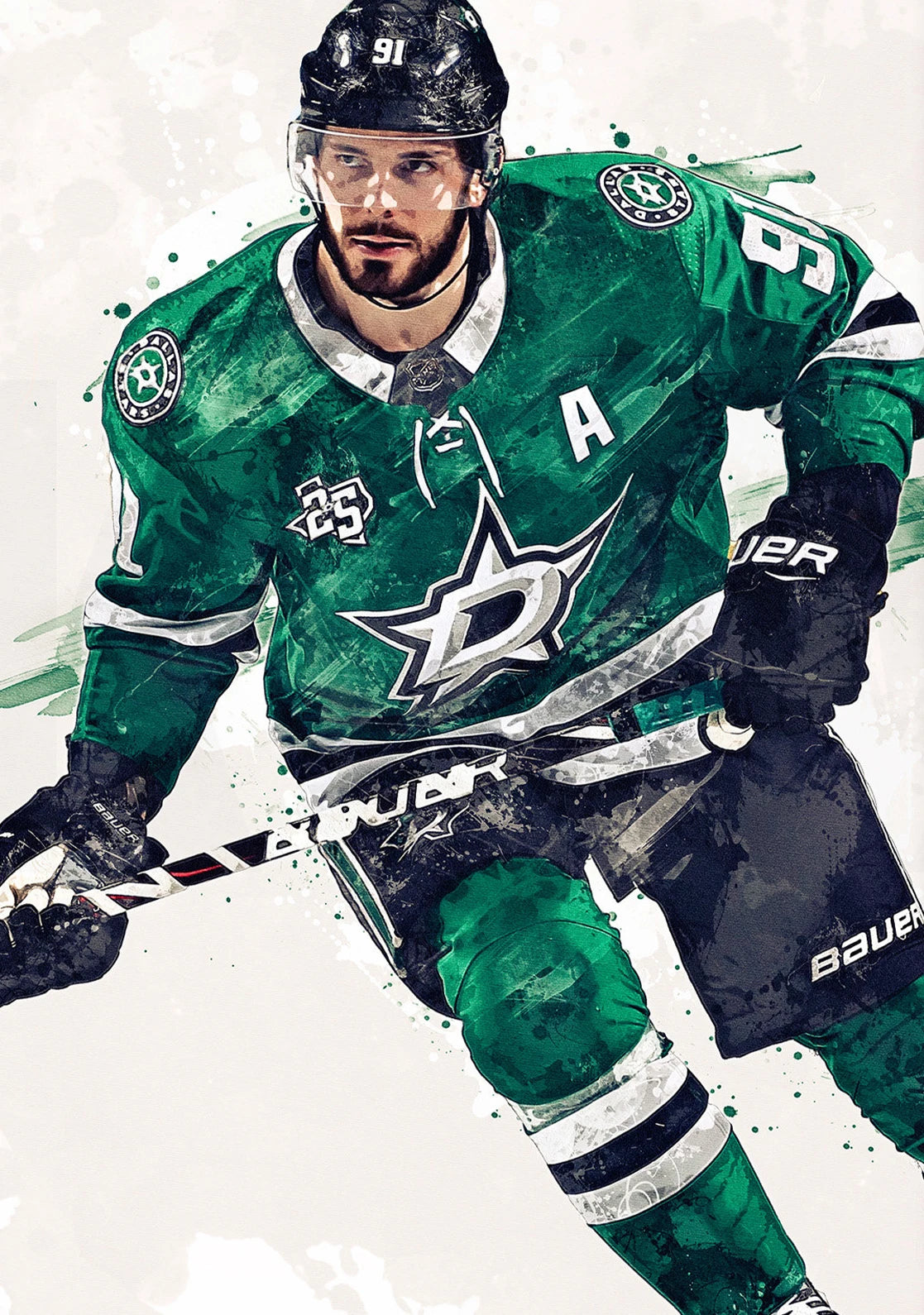 Hockey player in a green uniform with a star logo on a white background