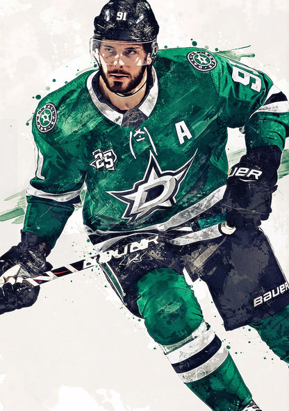 Hockey player in a green uniform with a star logo on a white background