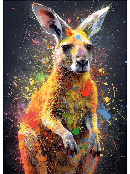 Colorful abstract painting of a kangaroo on a dark background