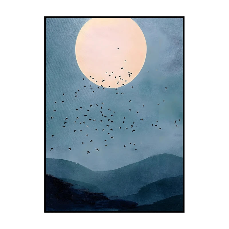 Framed artwork of a moonlit sky with birds and mountains
