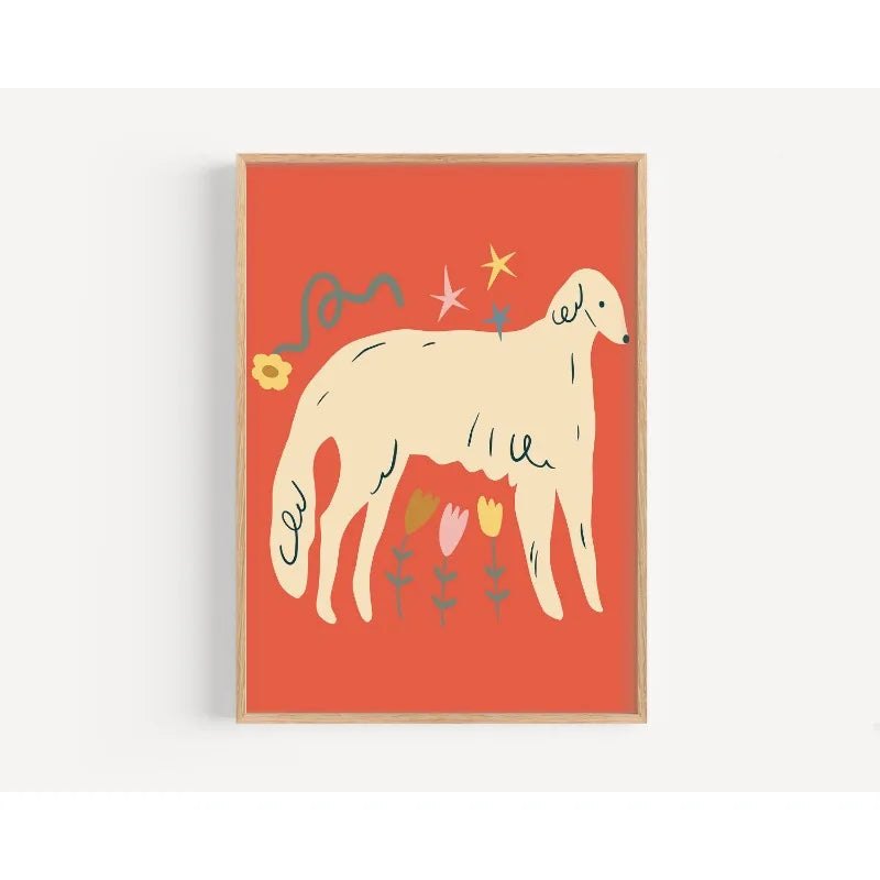 Framed artwork of a dog with flowers on a red background