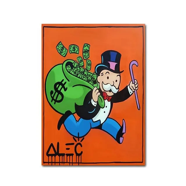 Cartoon character with a large green bag of money on an orange background, featuring the artist's name 'Alec'.