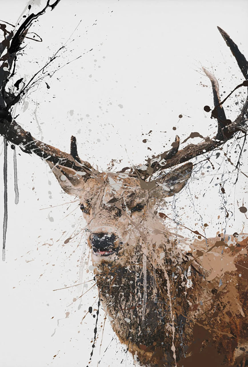 Abstract painting of a deer head with prominent antlers on a white background