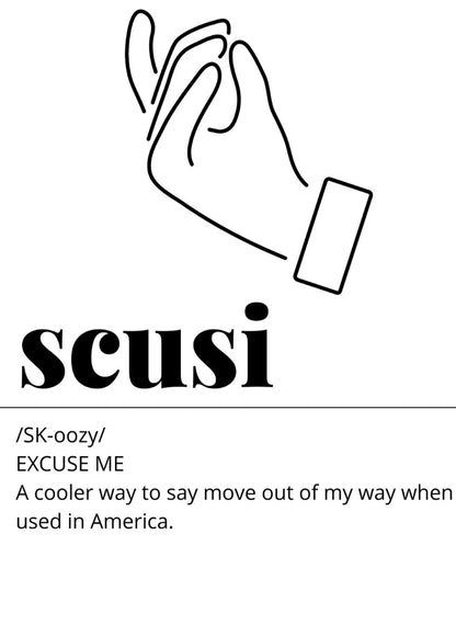 Illustration of a hand with text 'scusi' and definition on a white background