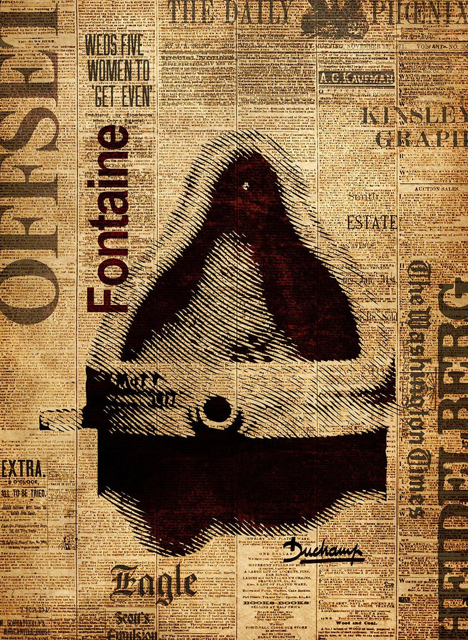 Black triangle symbol on a newspaper background with text
