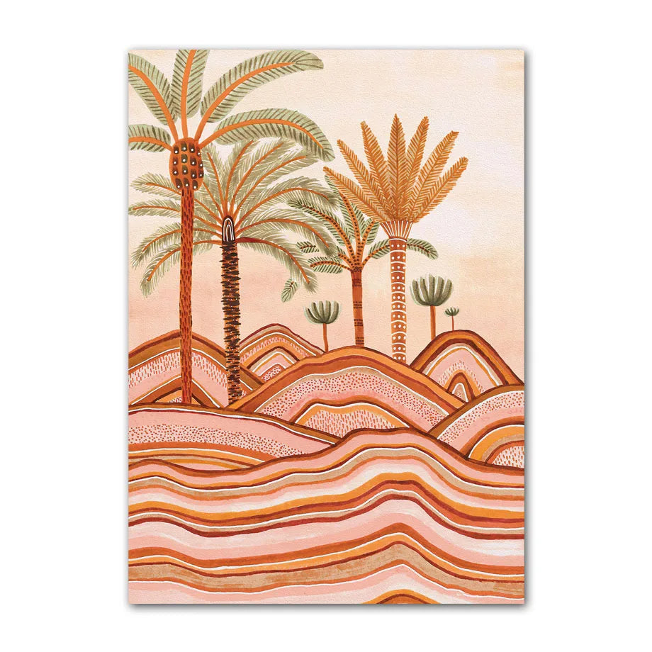 Desert landscape with palm trees and wavy patterns on a beige background