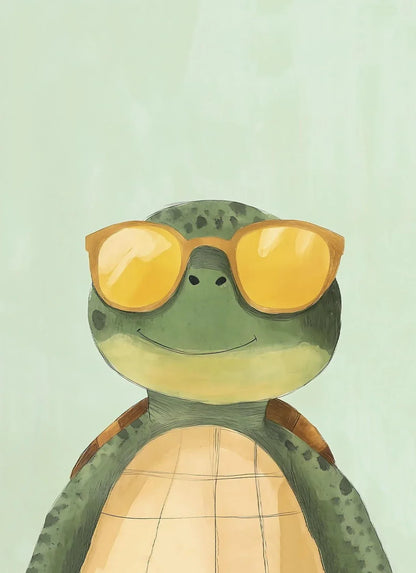 Cartoon turtle wearing sunglasses on a light green background