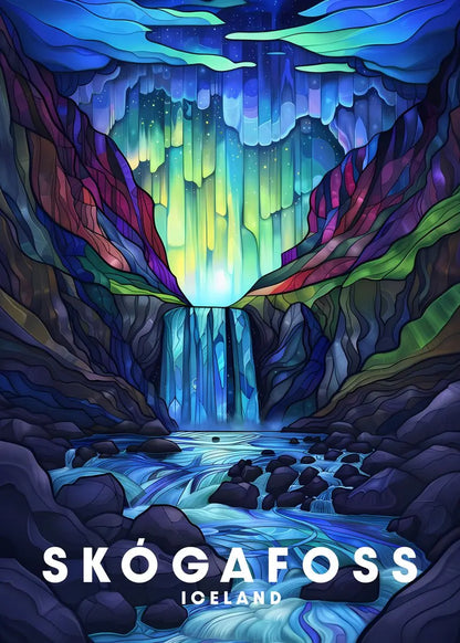 Colorful illustration of a waterfall in a cave with 'Skögafoss Iceland' text.