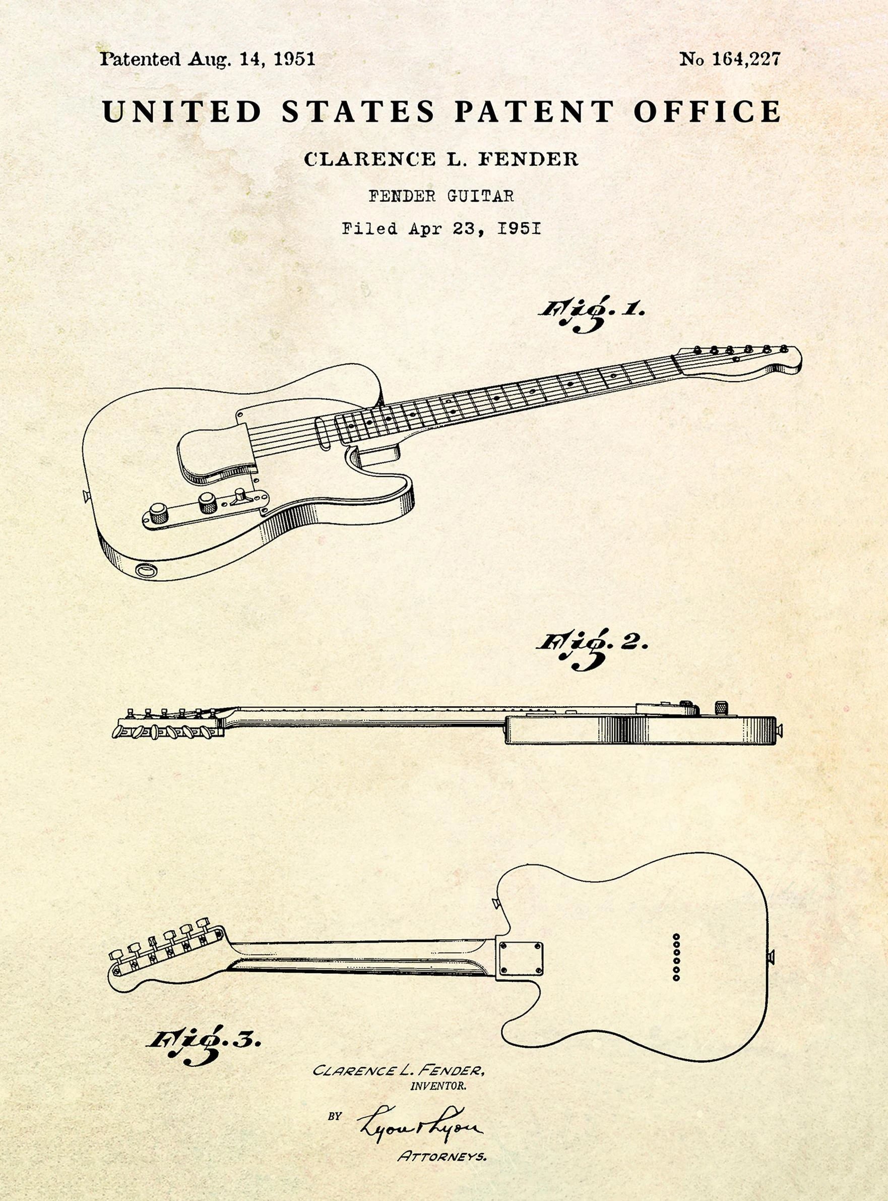 Patent illustration of a guitar design with text and numbers on a beige background