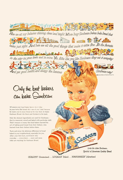 Vintage-style advertisement featuring a child with a Sunbeam product, surrounded by colorful text and graphics.