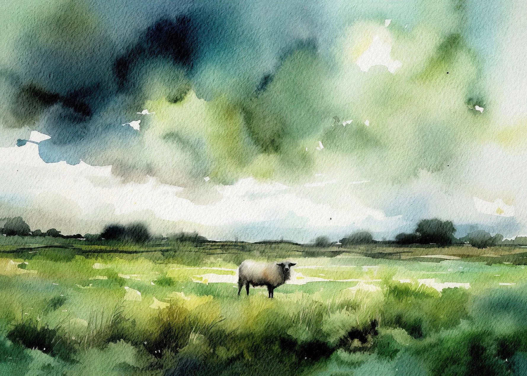 Watercolor painting of a sheep in a field with a dramatic sky.